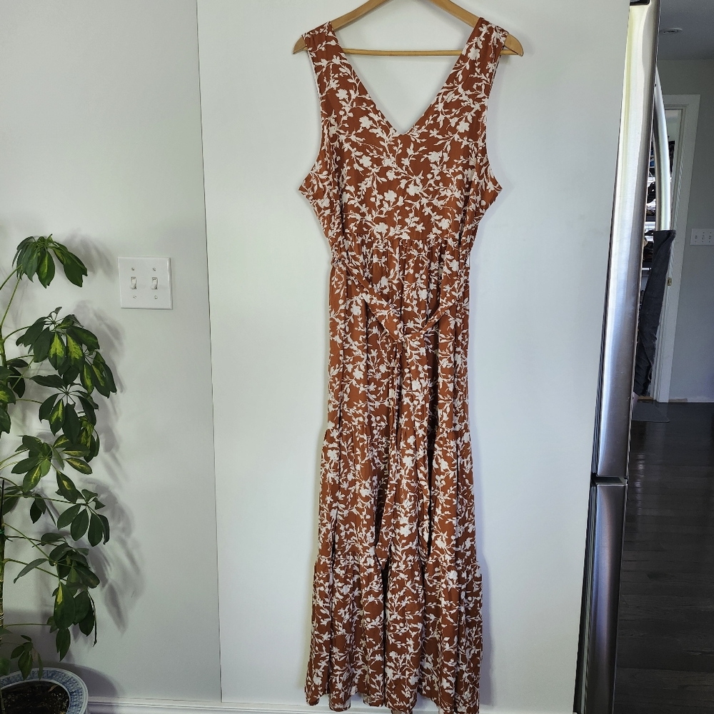 CYNTHIA‎ ROWLEY Sleeveless Tiered Maxi Dress Rust Brown White Size 10 New
